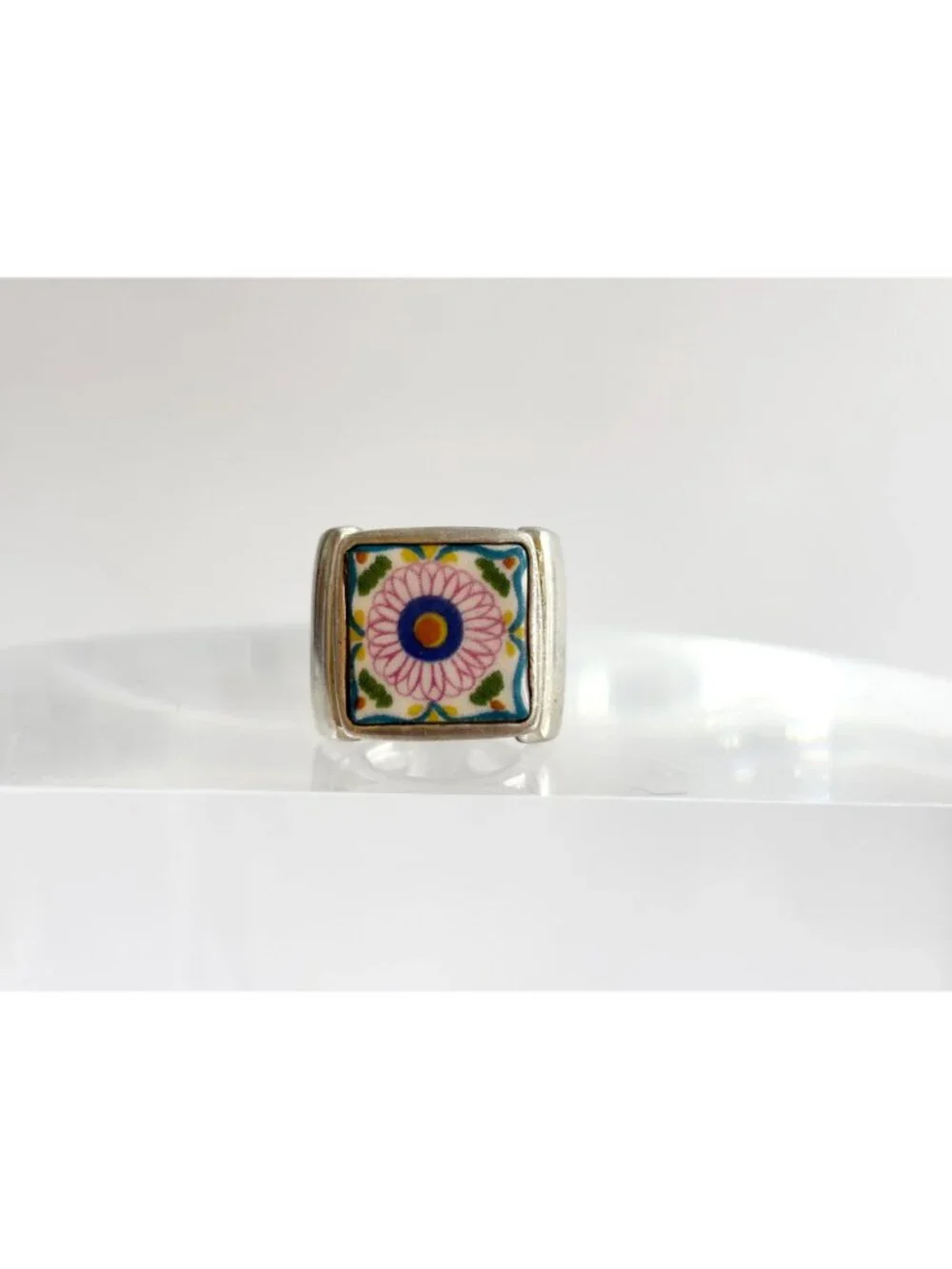 Porcelain Floral Painted Tilework Chunky Sterling Silver 925 Vintage Ring - sz 5